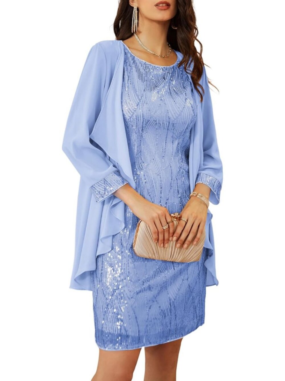 Women Light Blue 3/4 Sleeve Bodycon Crew Neck Two Piece Cocktail Winter Dresses